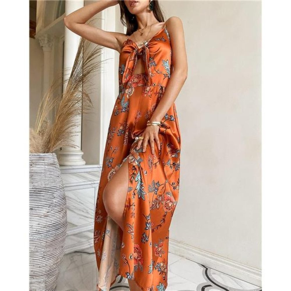 Orange Floral Print Satin Tie Front Cami A-Line Dress Flowy Midi Party Dress - Picture 3 of 6